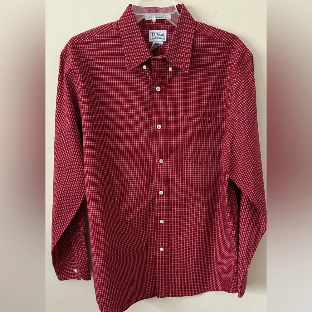 LL Bean Shirt Mens Medium Dark Red Gingham Lakeside Performance Slightly Fitted - Picture 1 of 8